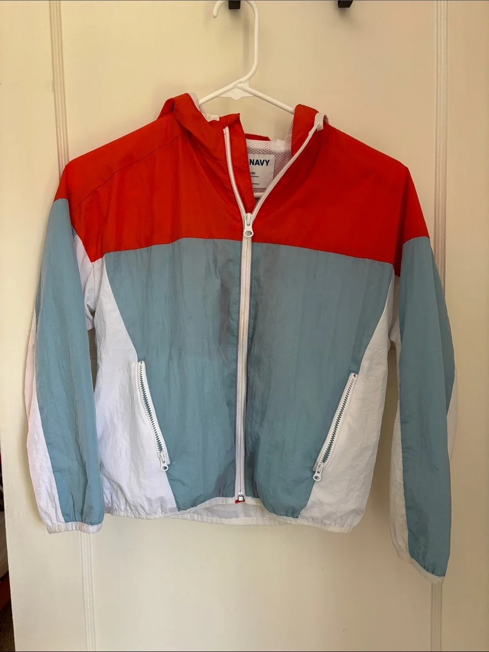 Old Navy Kids Colorblock Hooded Windbreaker - Red/Light Blue/White